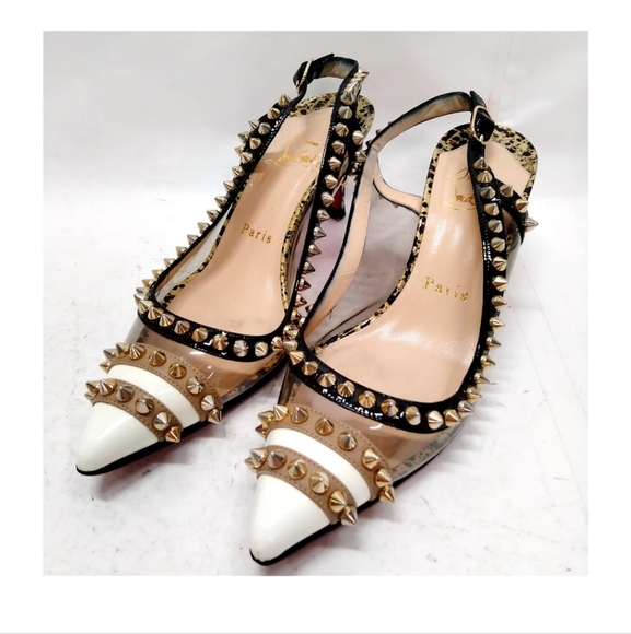 CHRISTIAN LOUBOUTIN Studded White and Gold Women's Heels - Picture 1 of 10